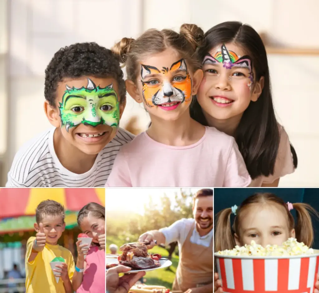 Children enjoying carnival with face paint and food.